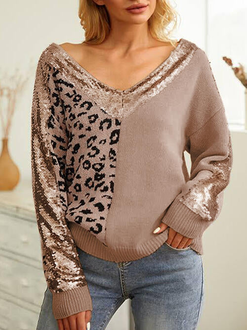 Stylish Leopard Sequin V-Neck Long Sleeve Sweater