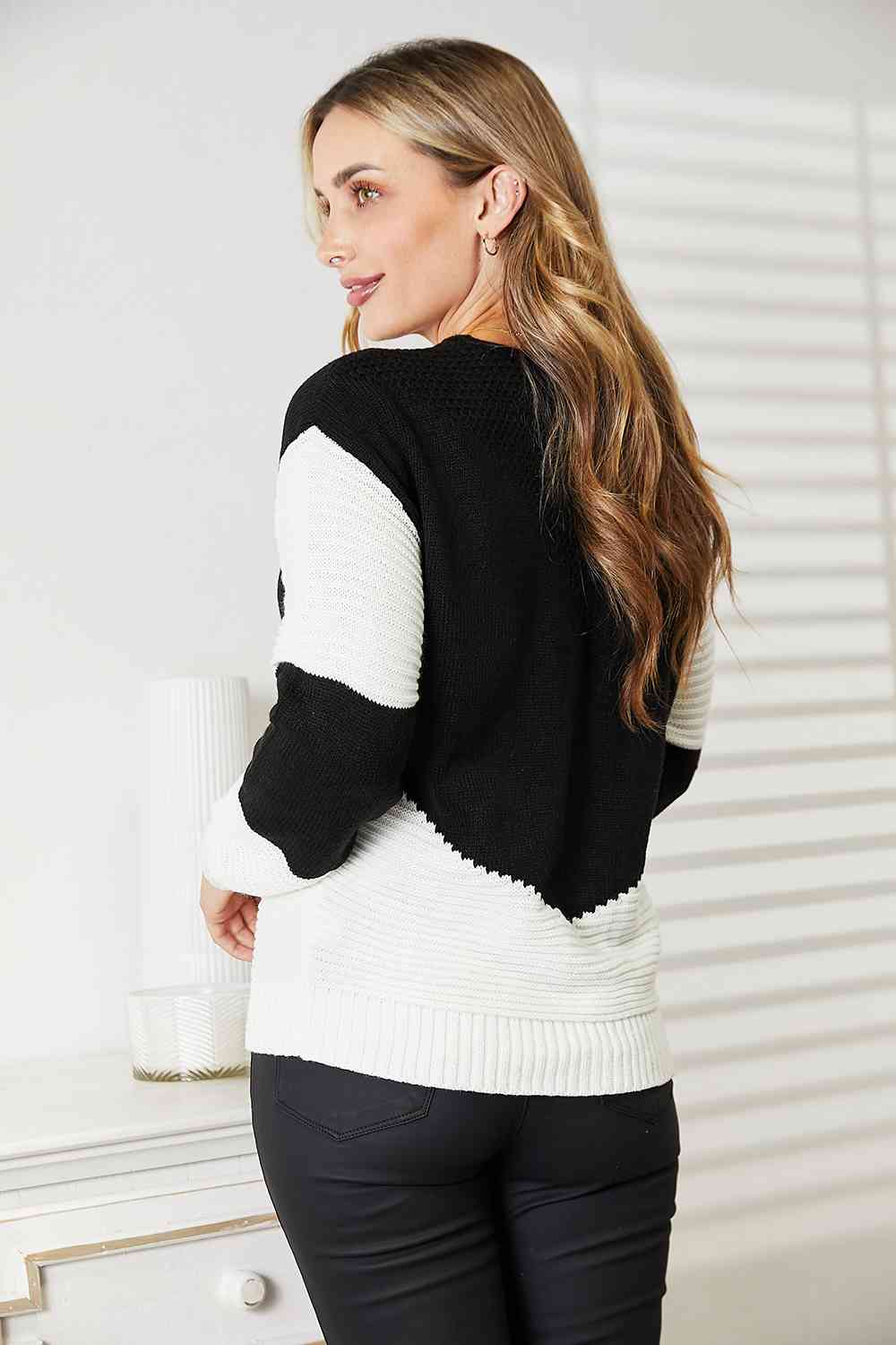 Regular and Curvy Size Two-Tone Openwork Rib-Knit Sweater