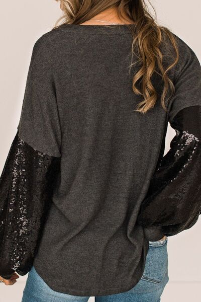 Sequin Long Sleeve V-Neck Top