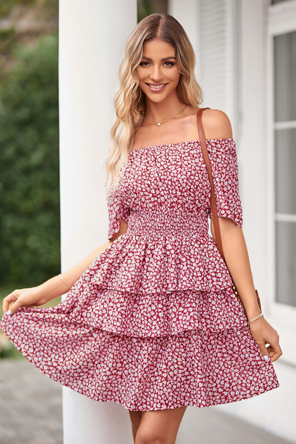 Off-Shoulder Floral Layered Dress