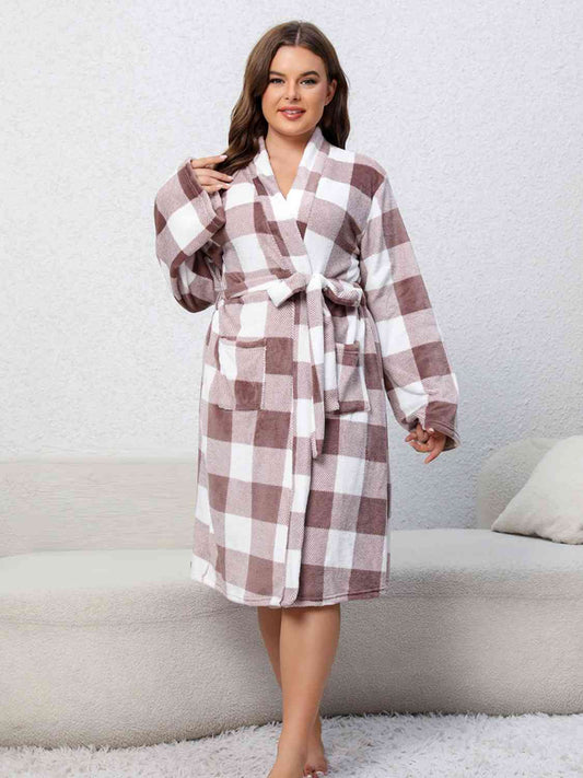 Plaid Tie Front Robe with Pockets