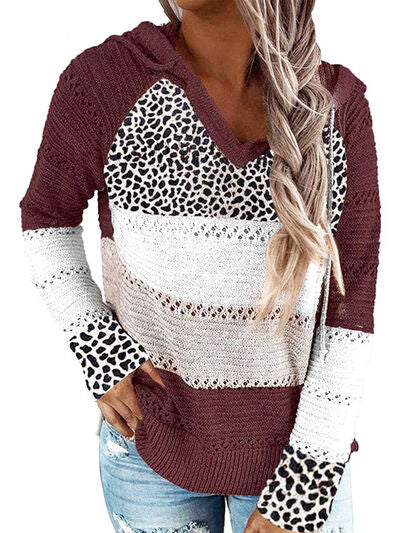 Leopard Print Drawstring Hooded Sweater