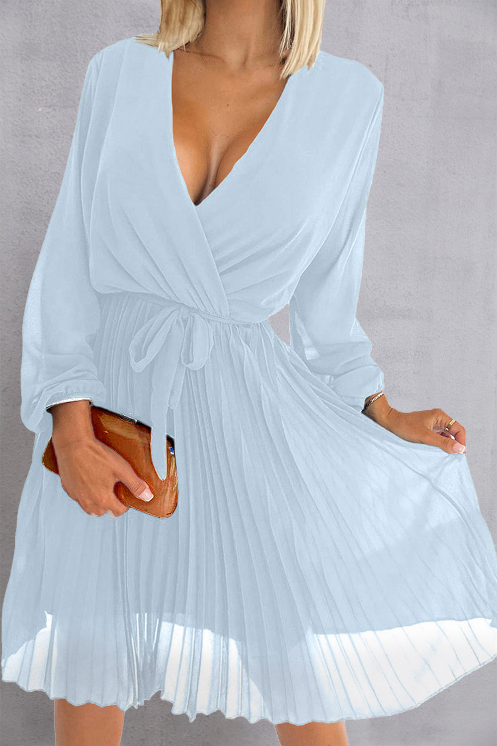 Misty Blue Surplice Pleated Dress