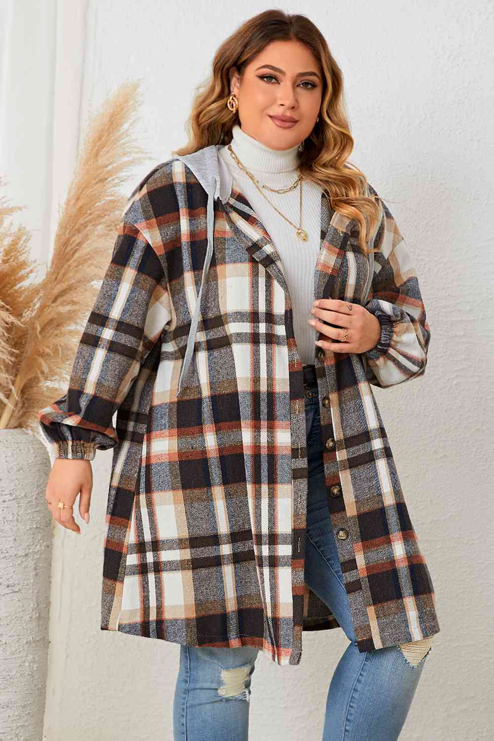 Plaid Drop Shoulder Hooded Coat