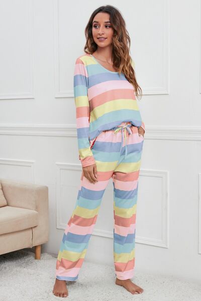 Striped Long Sleeve Top & Drawstring Pants Lounge Set