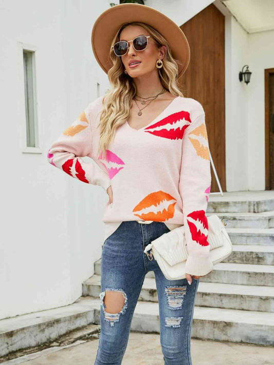 Lucious Lip Print V-Neck Knit Top