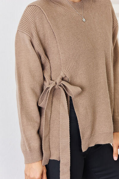 Slit Tied Dropped Shoulder Sweater