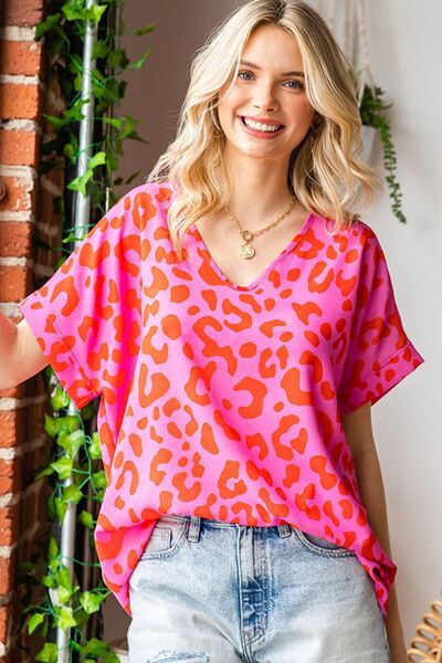 Trendy Leopard Short Sleeve Woven Top