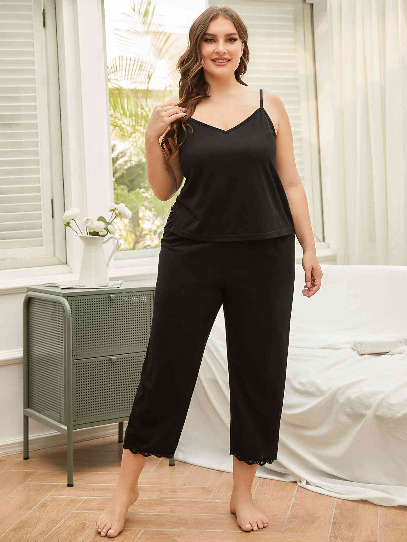 Lace Trim Slit Cami and Pants Pajama Set