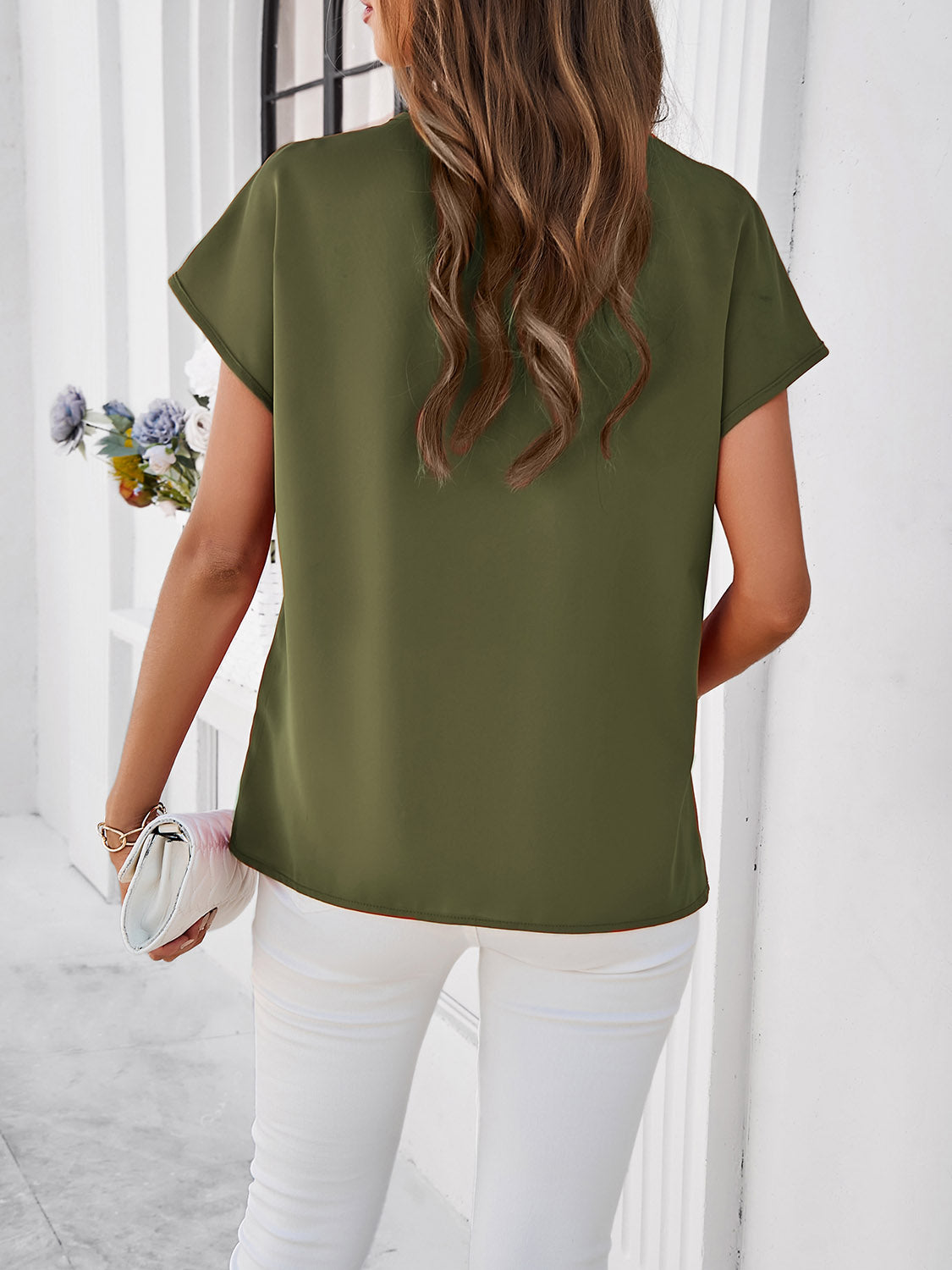 Lace Detail V-Neck Cap Sleeve Blouse