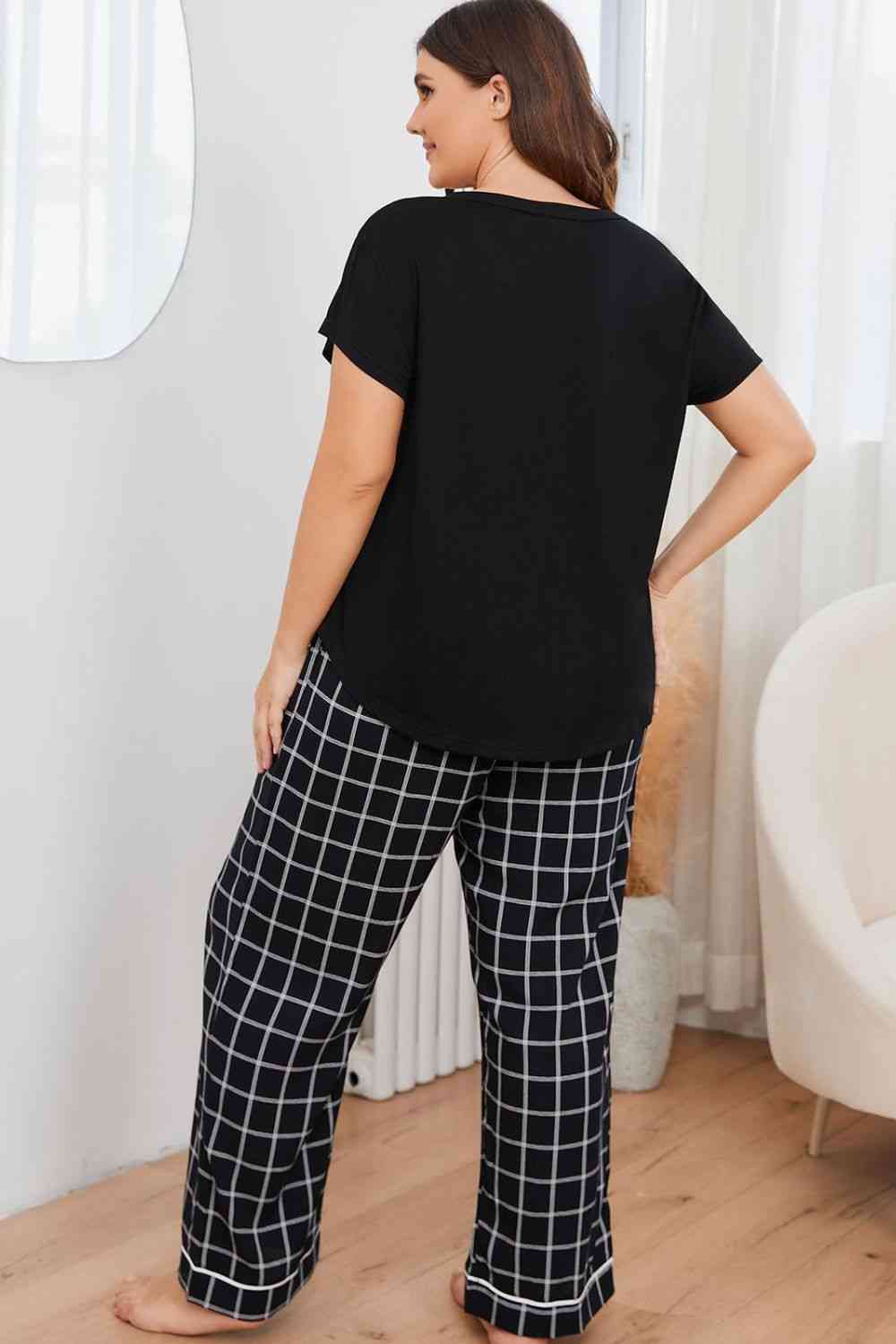 Curvy Shop V-Neck Top and Plaid Pants Lounge Set