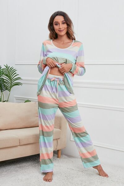 Striped Long Sleeve Top & Drawstring Pants Lounge Set