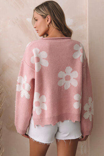 Flower Pattern Pearl Detail Sweater