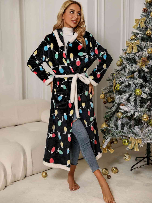 Festive Tie Waist Hooded Robe