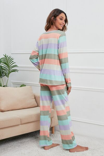 Striped Long Sleeve Top & Drawstring Pants Lounge Set