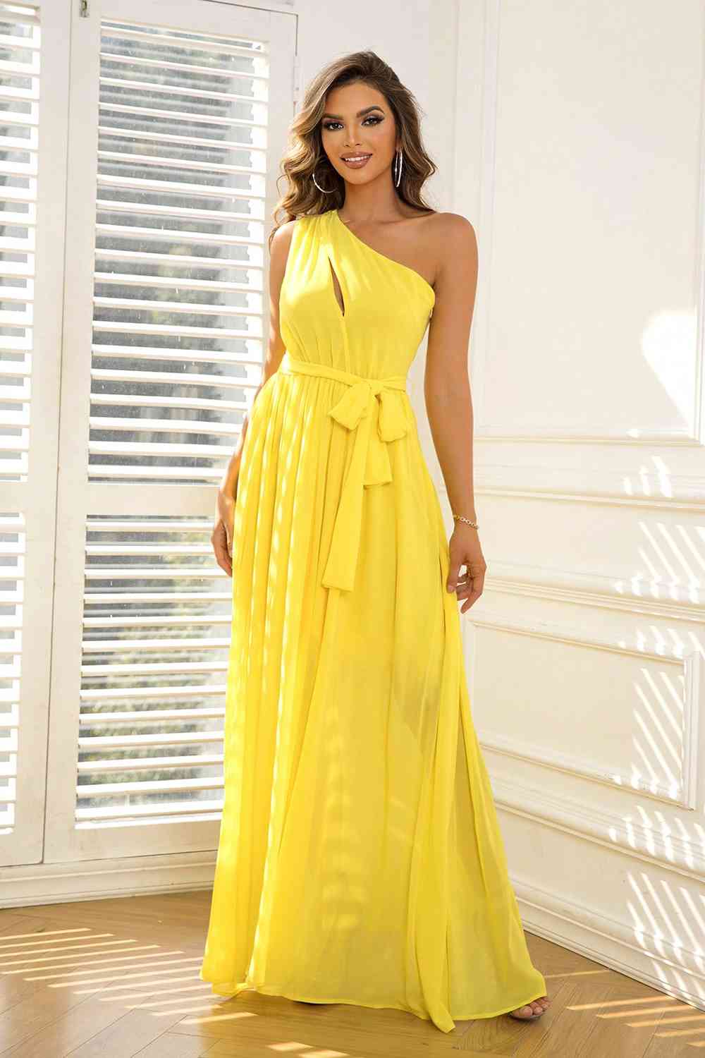 Vibrant Cutout One-Shoulder Tie Waist Dress