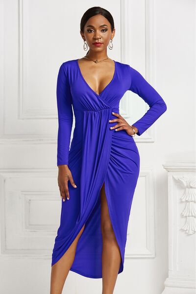 High-Low Ruched Surplice Long Sleeve Dress