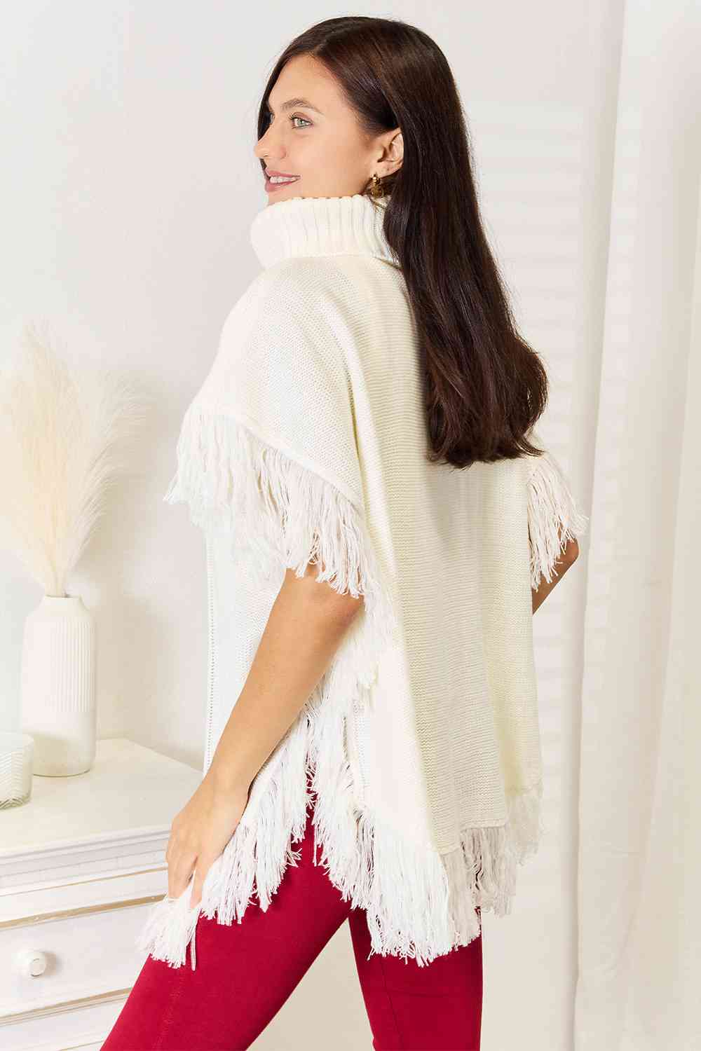 Versatile Turtle Neck Fringe Poncho