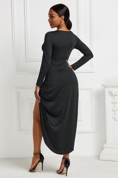 High-Low Ruched Surplice Long Sleeve Dress