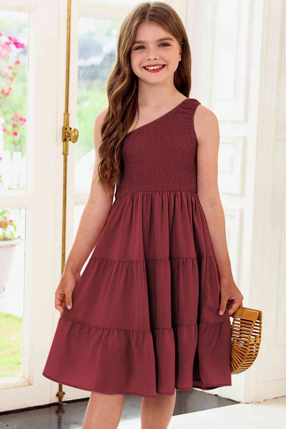 Girls One-Shoulder Sleeveless Tiered Dress