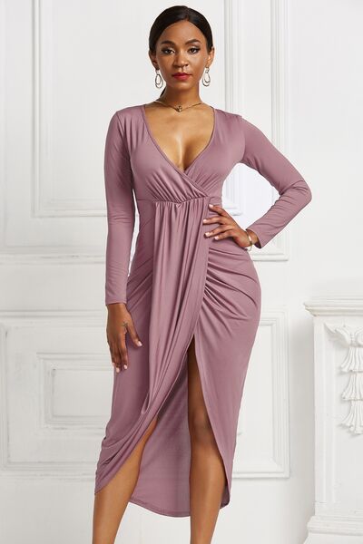 High-Low Ruched Surplice Long Sleeve Dress