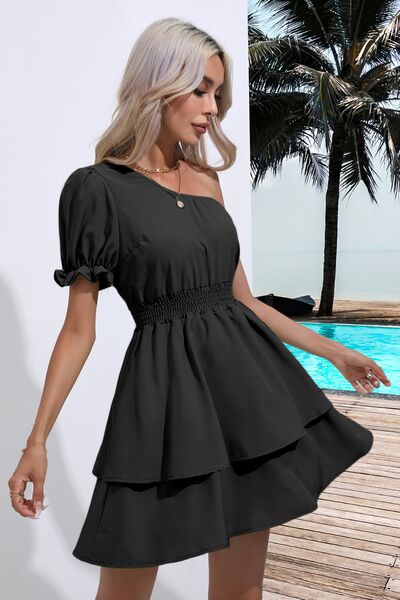 Layered Single Shoulder Mini Dress