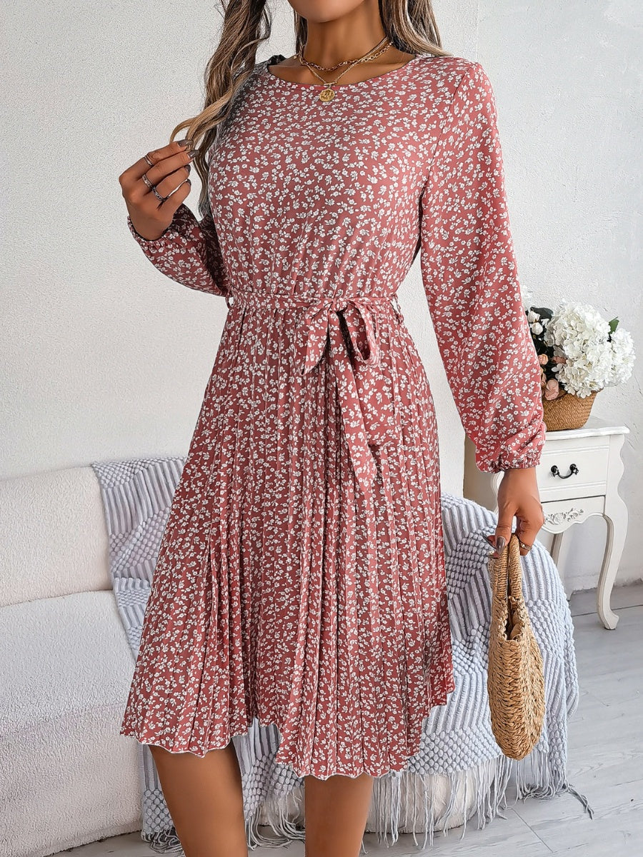 Floral Tie Waist Pleated Dress