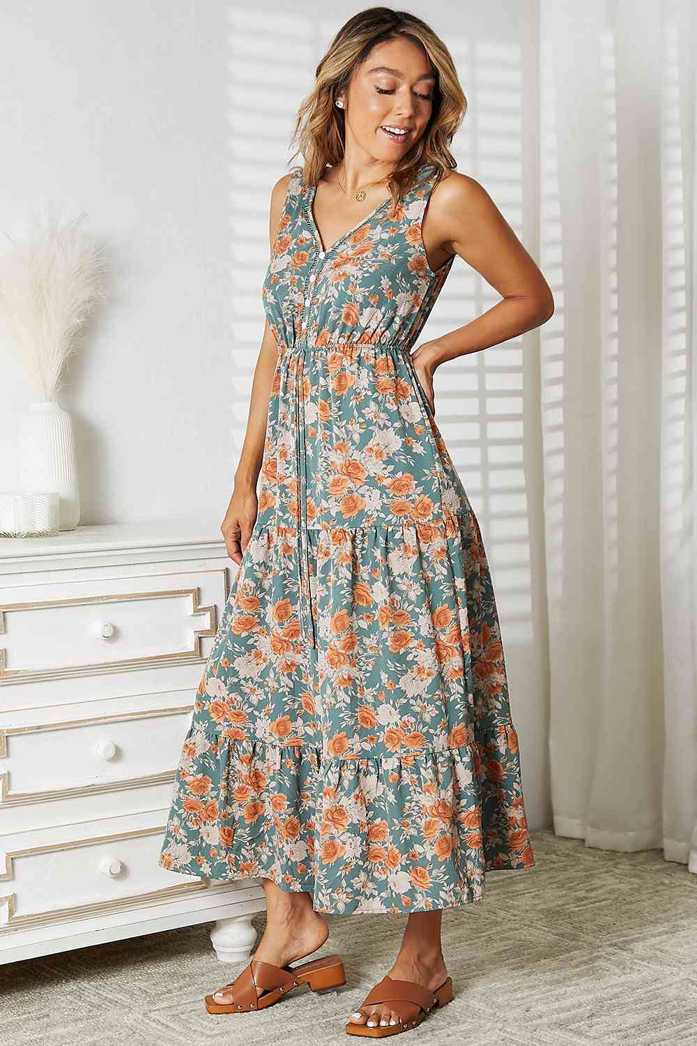 Vibrant Floral Tiered Sleeveless Dress