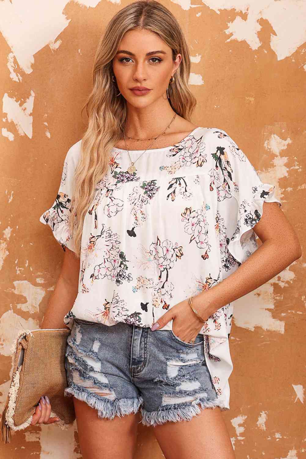 Classy Floral Flounce Sleeve Blouse