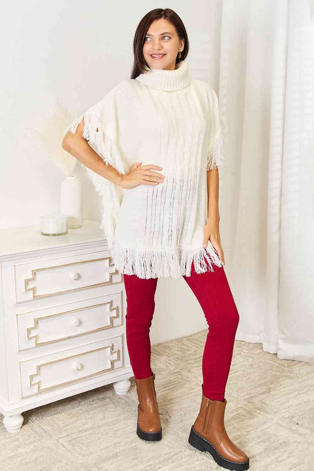 Versatile Turtle Neck Fringe Poncho