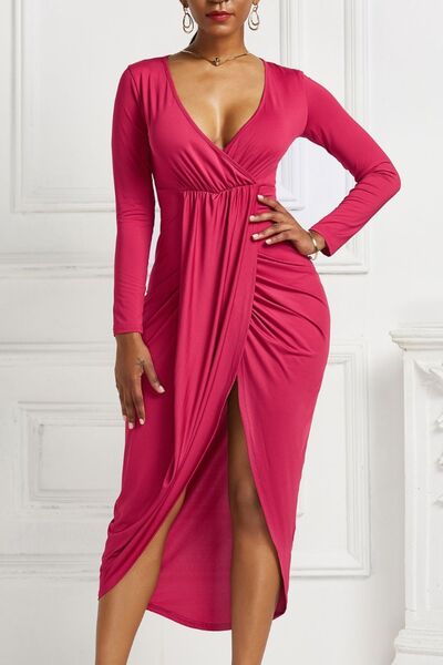 High-Low Ruched Surplice Long Sleeve Dress