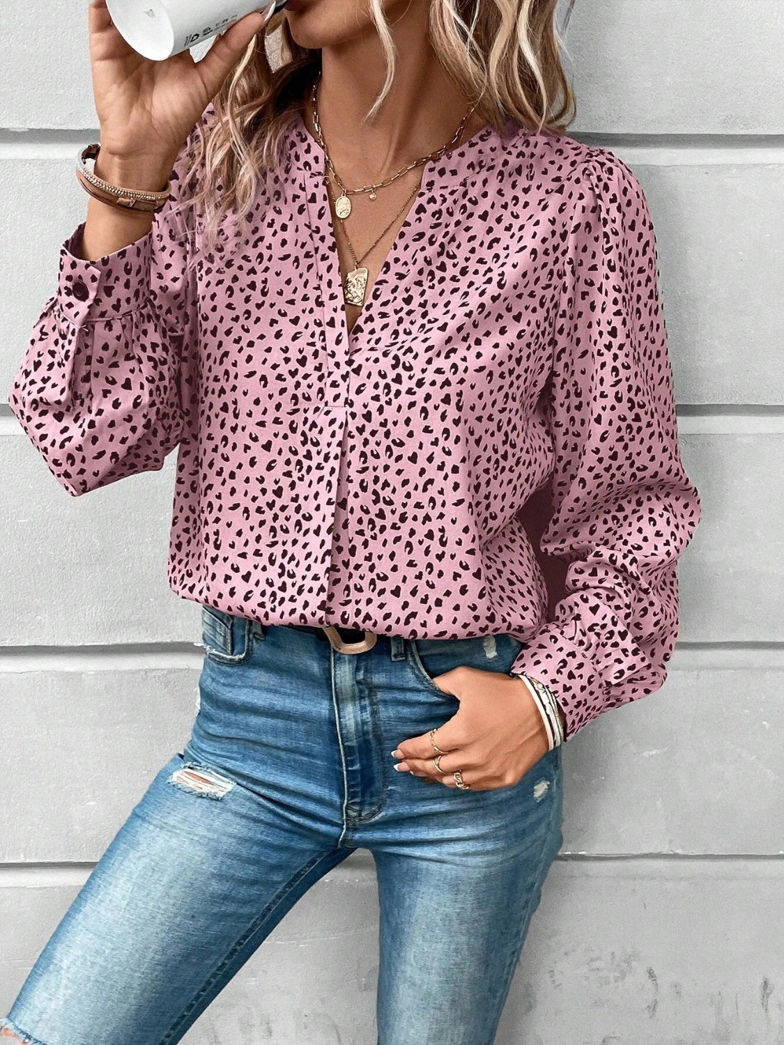 Printed Notched Long Sleeve Blouse