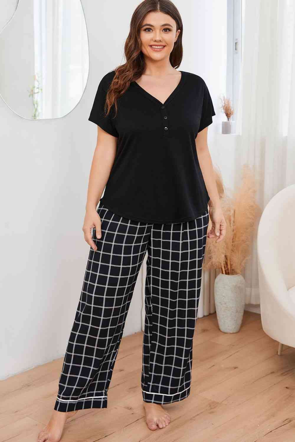 Curvy Shop V-Neck Top and Plaid Pants Lounge Set